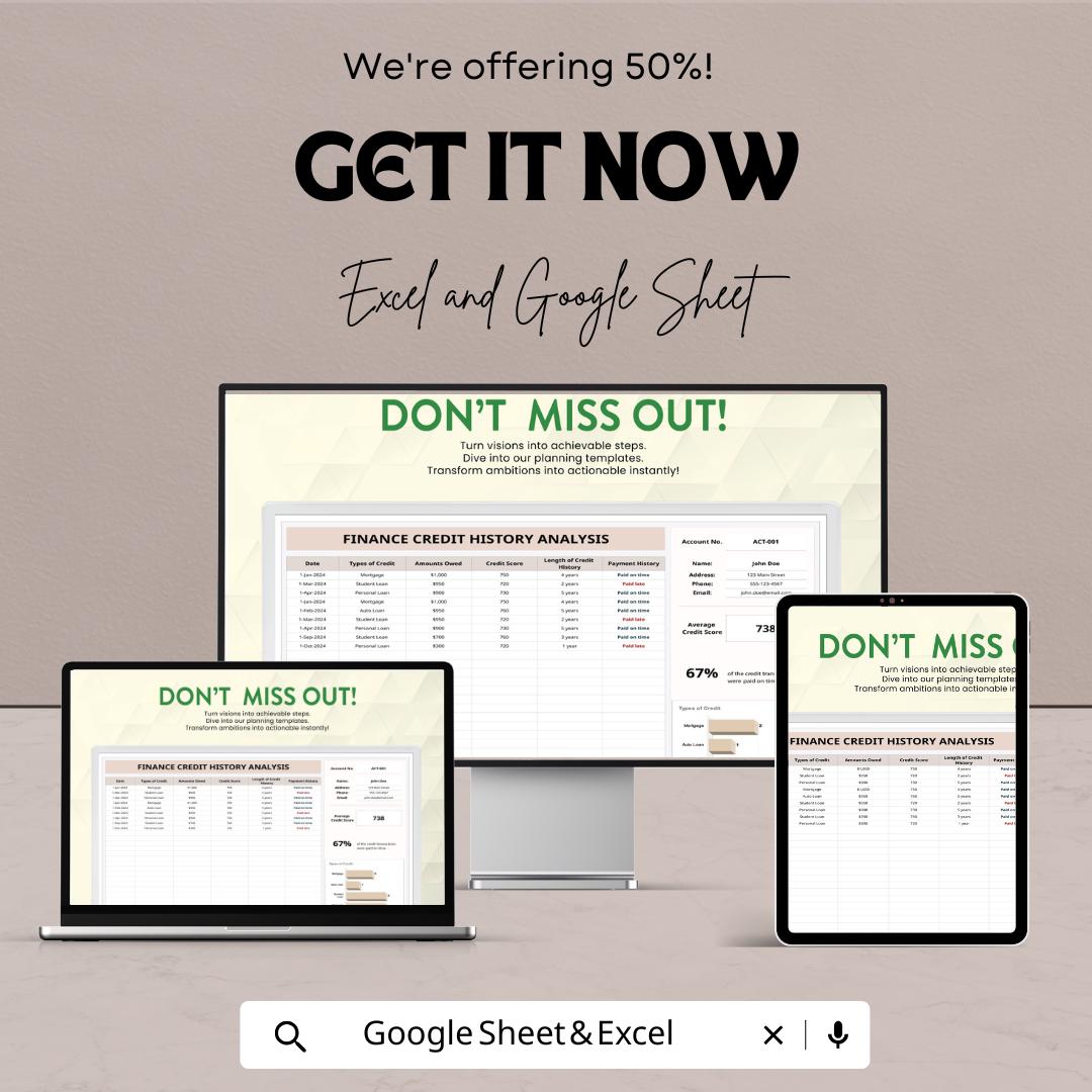 Finance Credit History Analysis Template | Credit Report Tracker | Financial Review Spreadsheet | Excel and Google Sheets | Credit Score Log