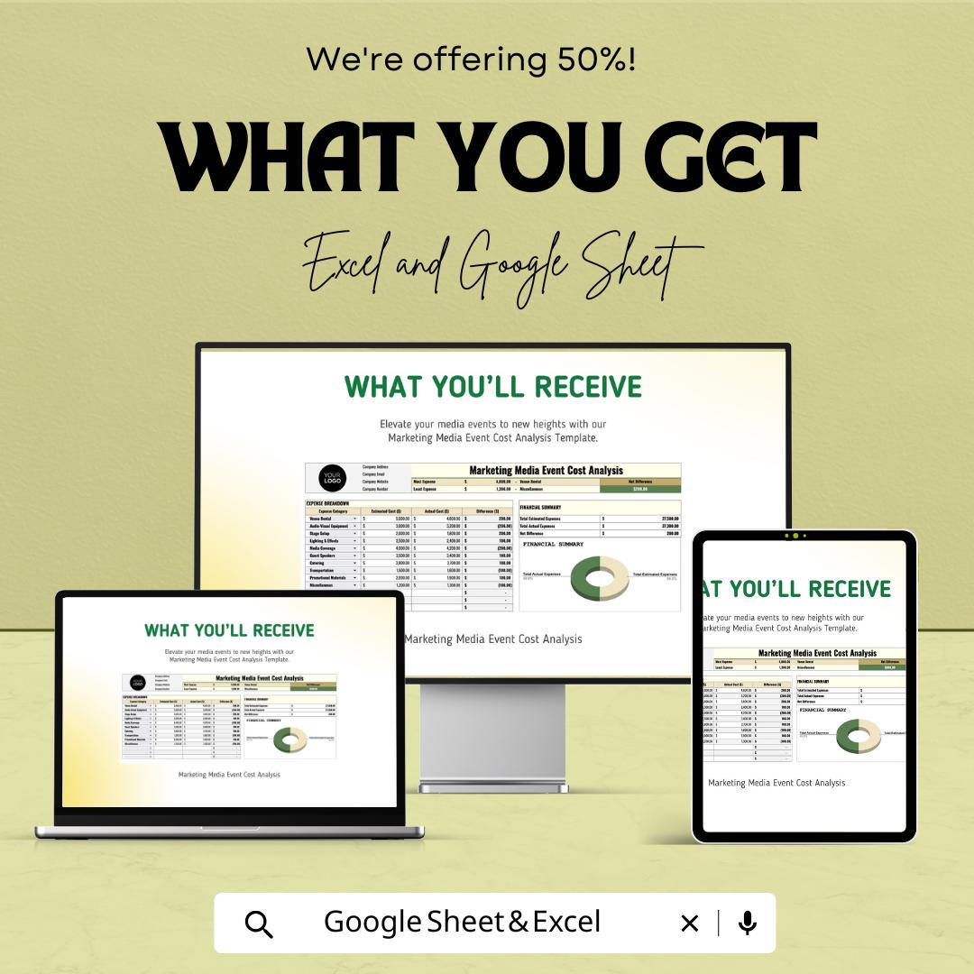 Marketing Media Event Cost Analysis Template | Excel & Google Sheets Budget Planner | Event Expense Tracker | Financial Summary Dashboard
