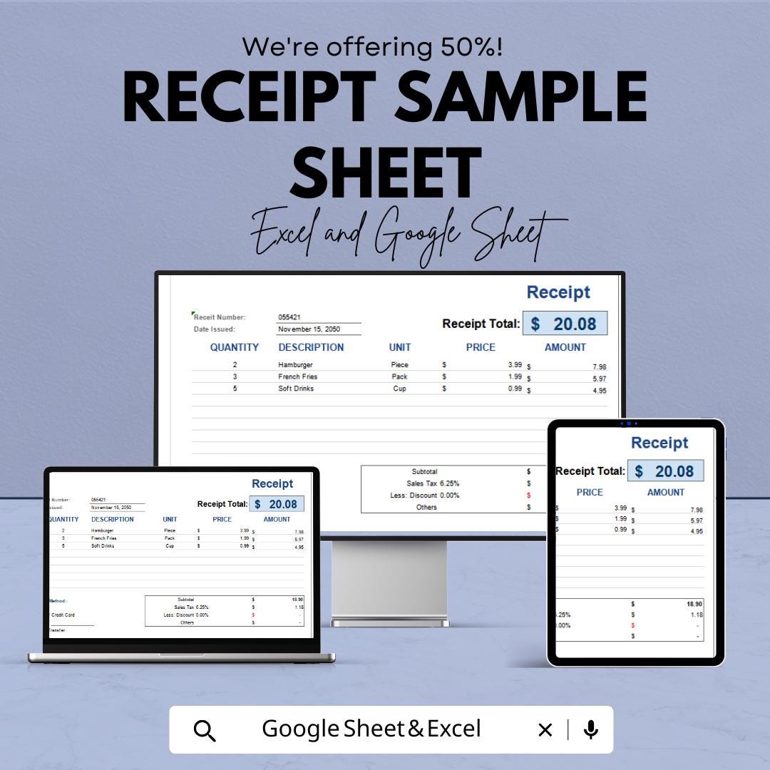 Receipt Sample Sheet for Excel & Google Sheets – Printable Receipt Template, Customizable Invoice, Transaction Record, 50% Off