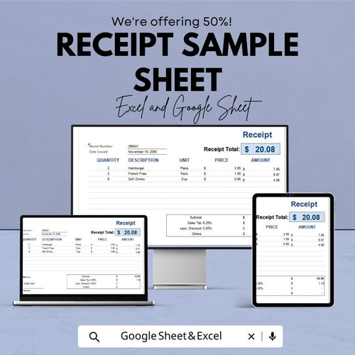 Receipt Sample Sheet for Excel & Google Sheets – Printable Receipt Template, Customizable Invoice, Transaction Record, 50% Off