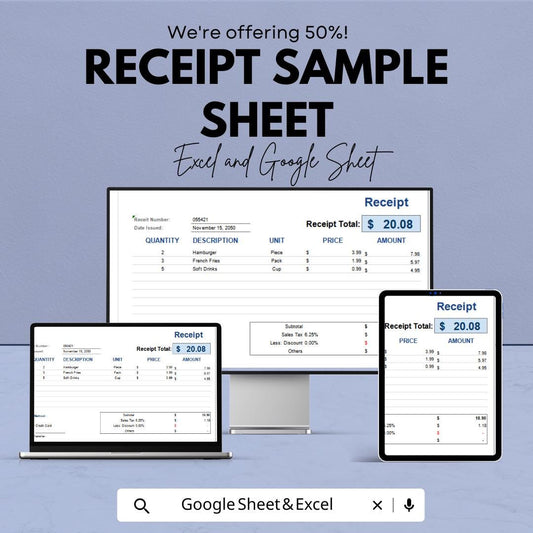 Receipt Sample Sheet for Excel & Google Sheets – Printable Receipt Template, Customizable Invoice, Transaction Record, 50% Off