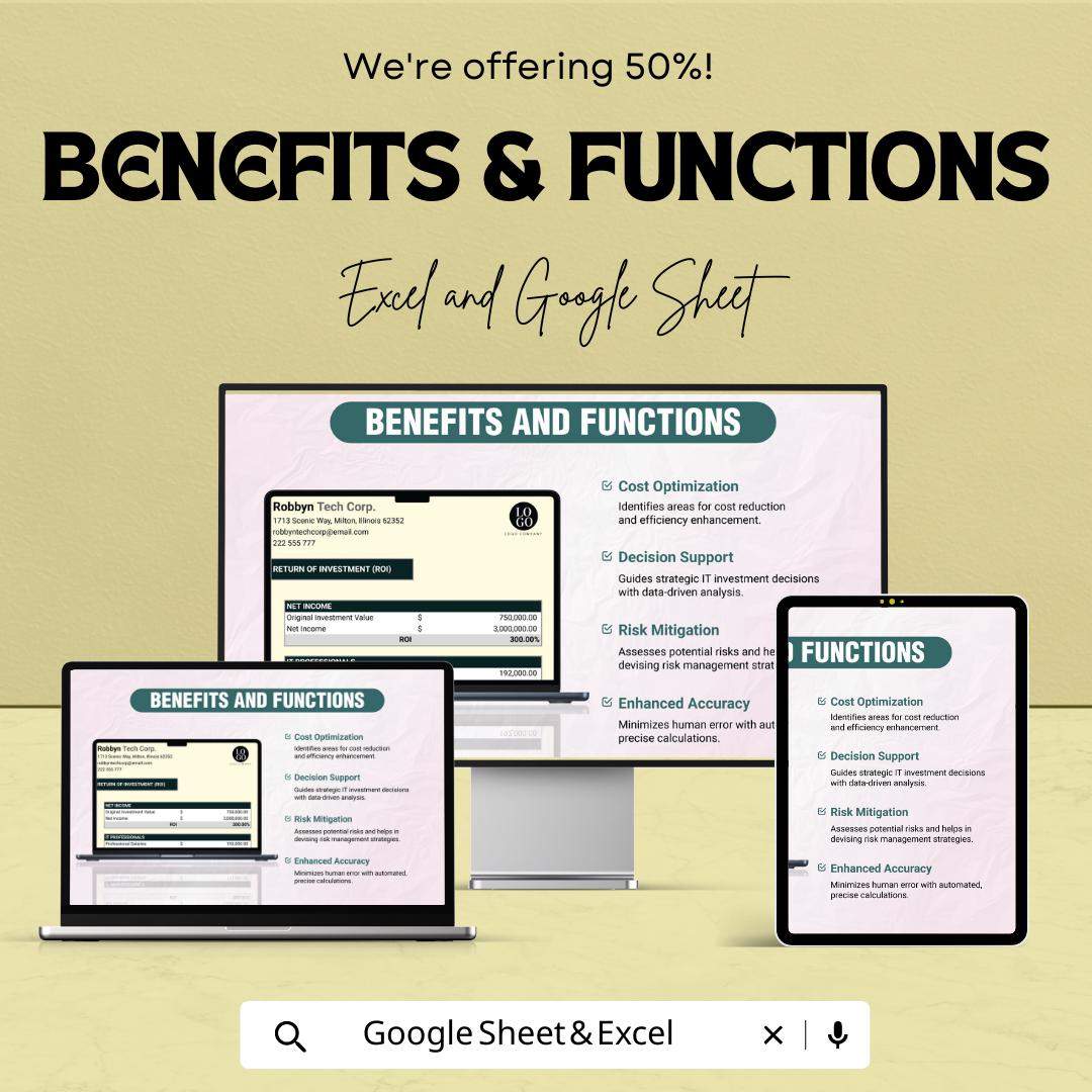 IT ROI Calculator Template, Return on Investment Spreadsheet, Tech Investment Tracker, Business ROI Calculator, Excel Google Sheets