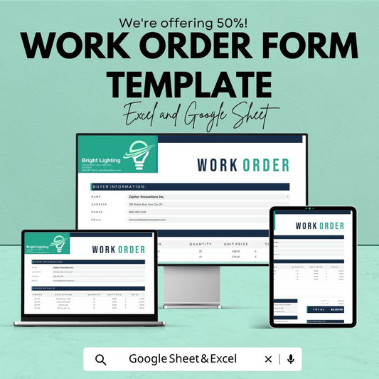 Work Order Template Excel Google Sheets | Work Order Form Template | Job Order Sheet | Service Order Template | Editable Business Work Order