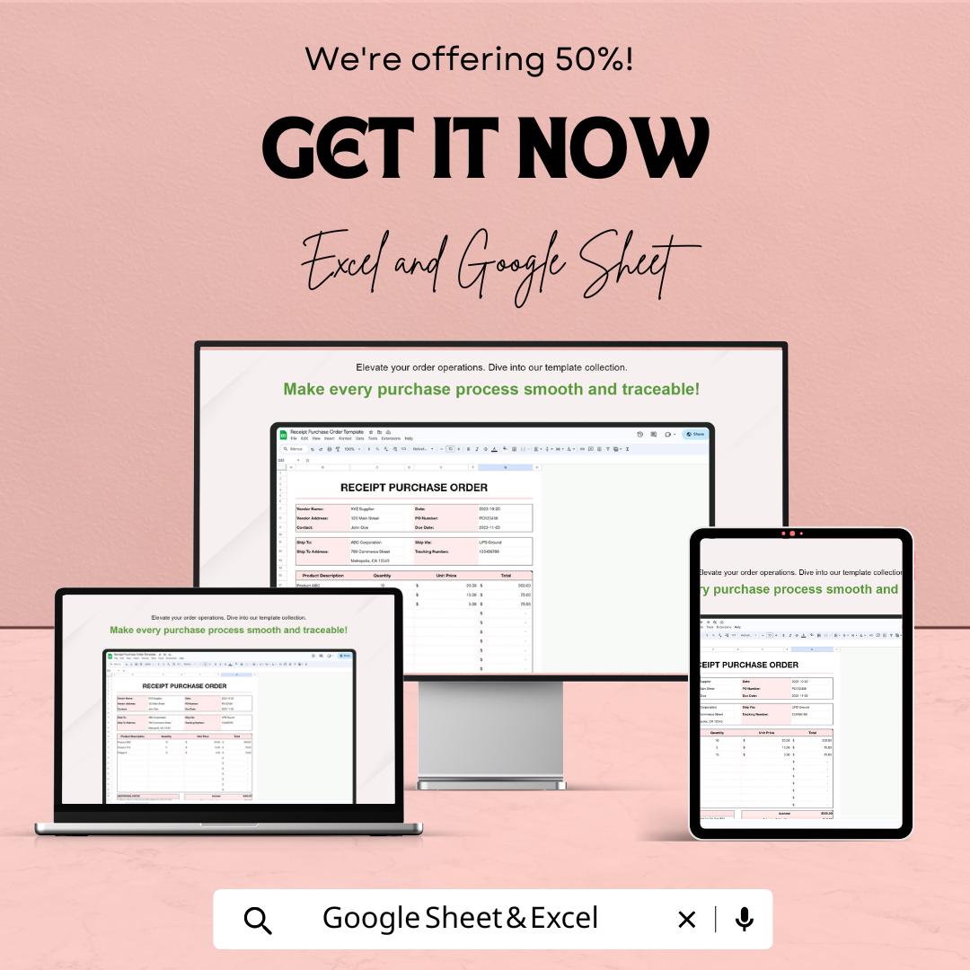 Receipt Purchase Order Sheet | Excel & Google Sheets Template | Order Management for Businesses | Purchase Order Tracking Tool