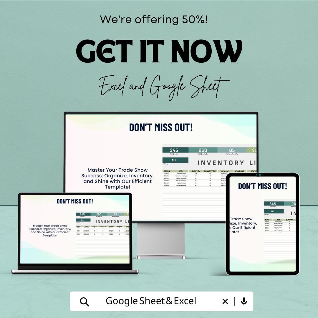 Sales Trade Show Inventory List Template  | Event Inventory Tracker | Booth Inventory Spreadsheet | Trade Show Stock List