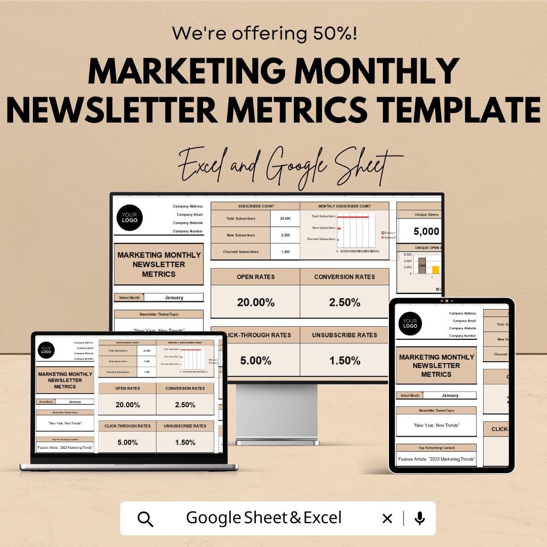 Marketing Monthly Newsletter Metrics Template | Email Analytics Tracker | Newsletter KPI Dashboard | Excel & Google Sheets Template | Email