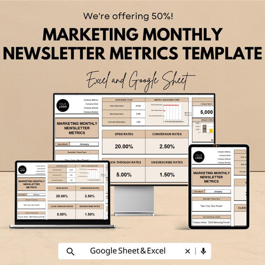 Marketing Monthly Newsletter Metrics Template | Email Analytics Tracker | Newsletter KPI Dashboard | Excel & Google Sheets Template | Email