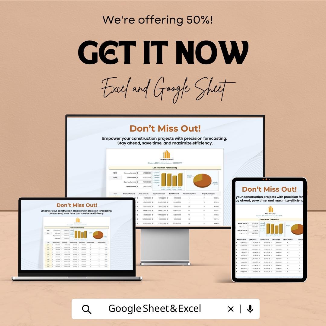 Construction Forecasting Template  | Construction Financial Forecast | Project Budget Forecast | Contractor Planning Spreadsheet