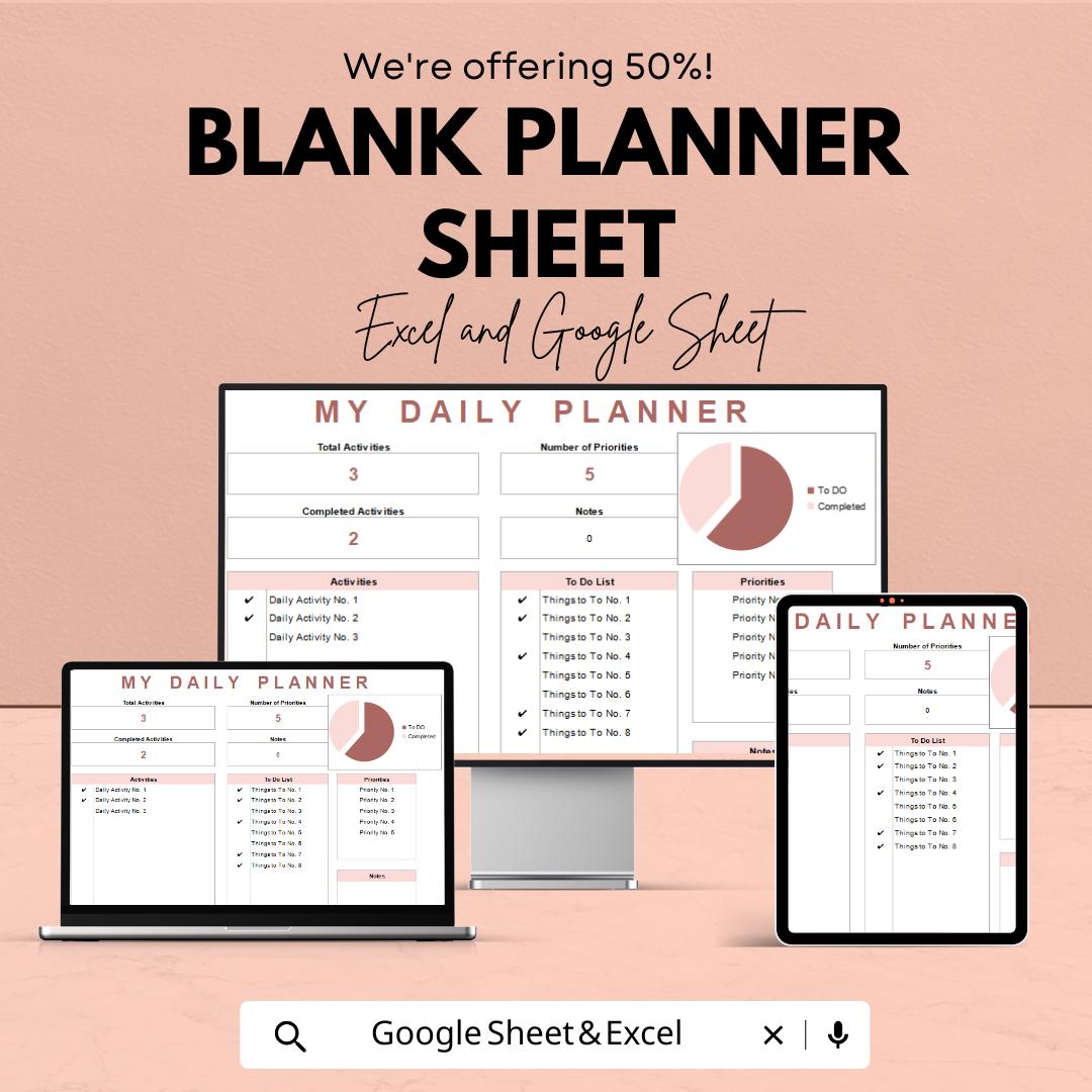 Blank Planner Sheet | Daily Planner Template | Excel and Google Sheets | Customizable Planner for Organization & Productivity