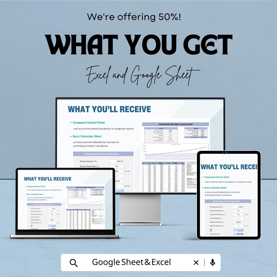 Compound Interest Calculator Template | Investment Calculator | Financial Planning Spreadsheet | Interest Growth Tracker