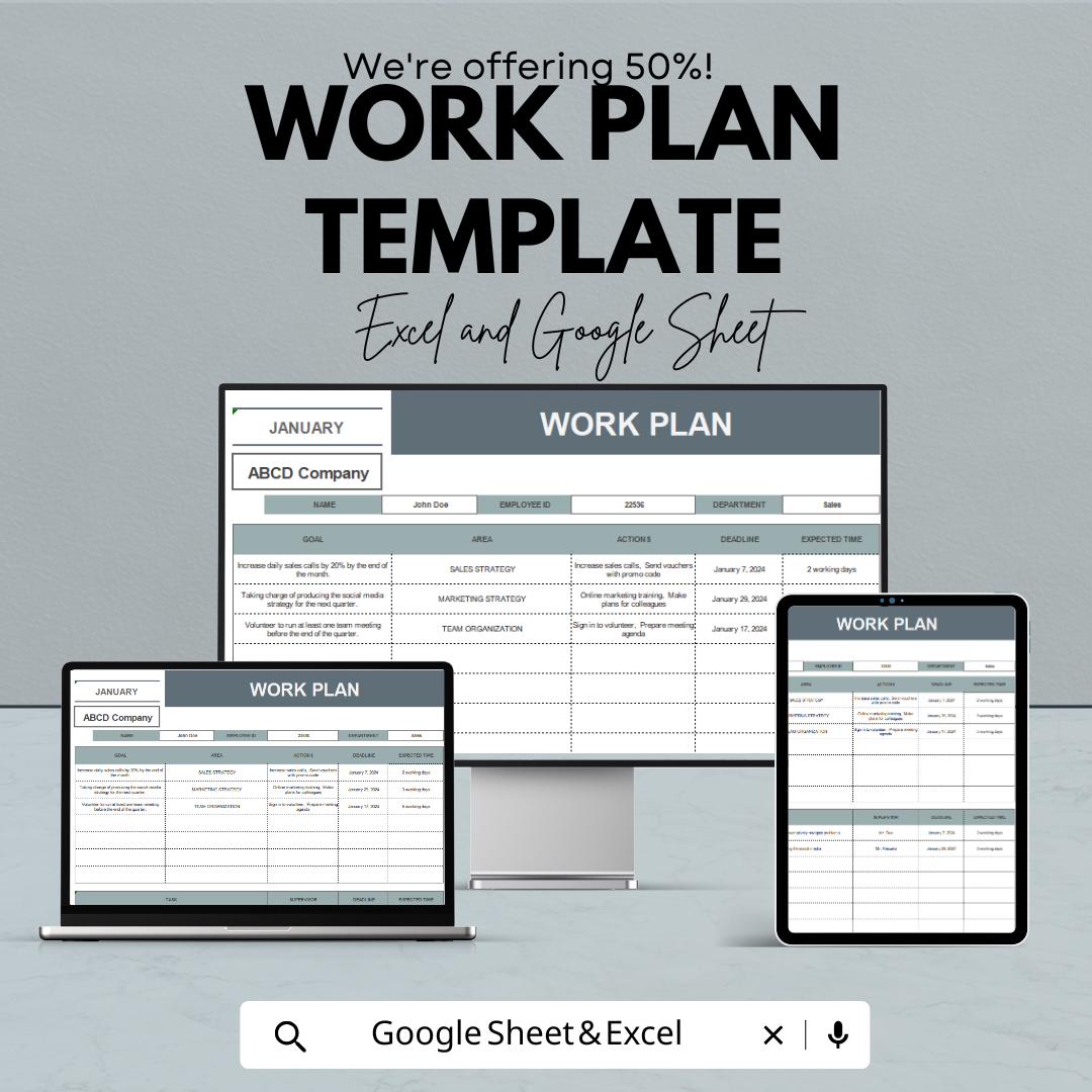 Work Plan Template | Project Management Planner | Productivity & Goal Planner | Digital Work Schedule