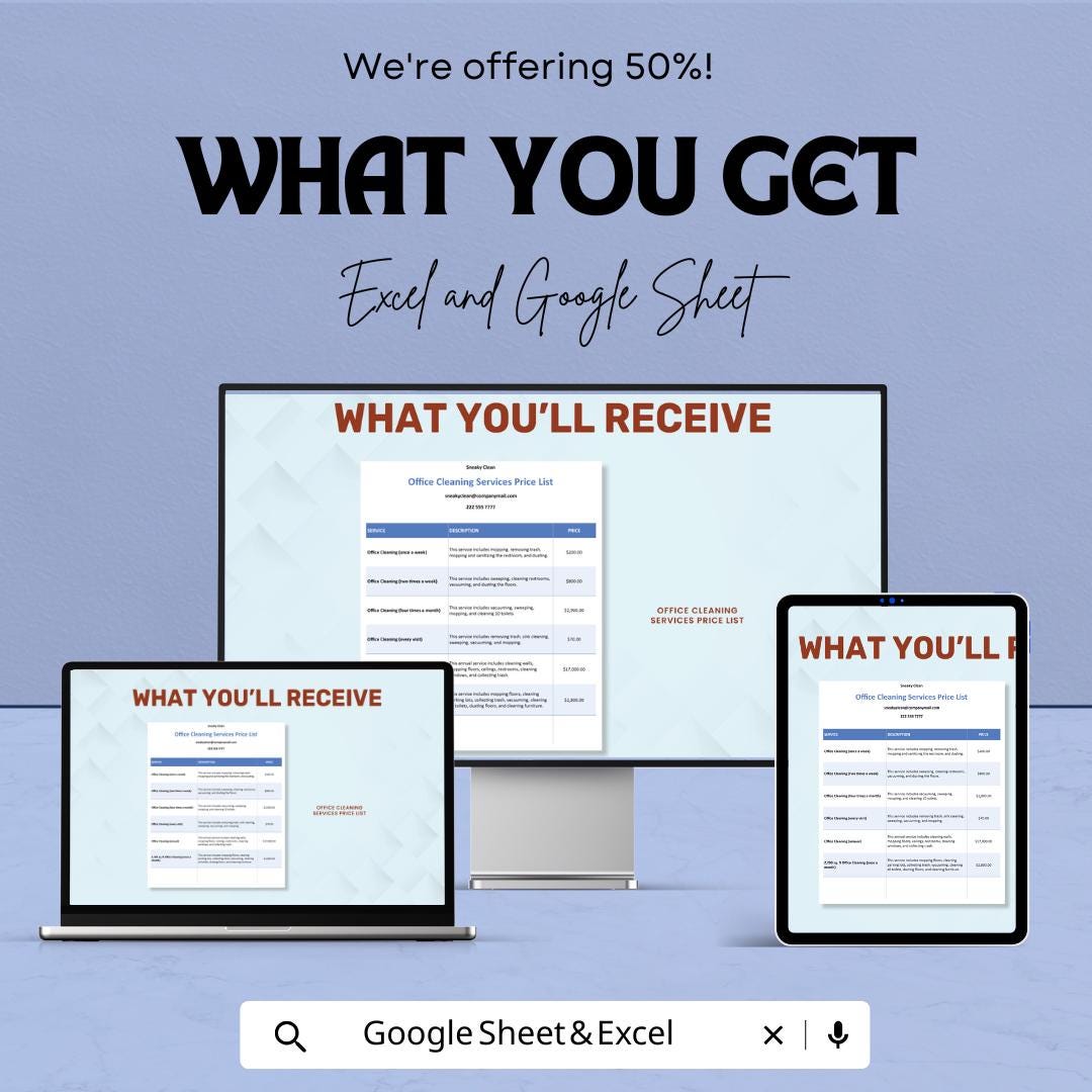 Office Cleaning Services Price List Sheet - Google Sheets Template - Professional Cleaning Service Pricing - Service & Rate Calculator