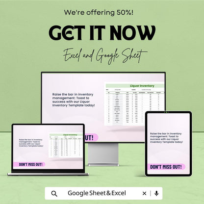 Liquor Inventory Template Excel & Google Sheets | Bar Inventory Spreadsheet | Alcohol Stock Tracker | Liquor Stock Management Log