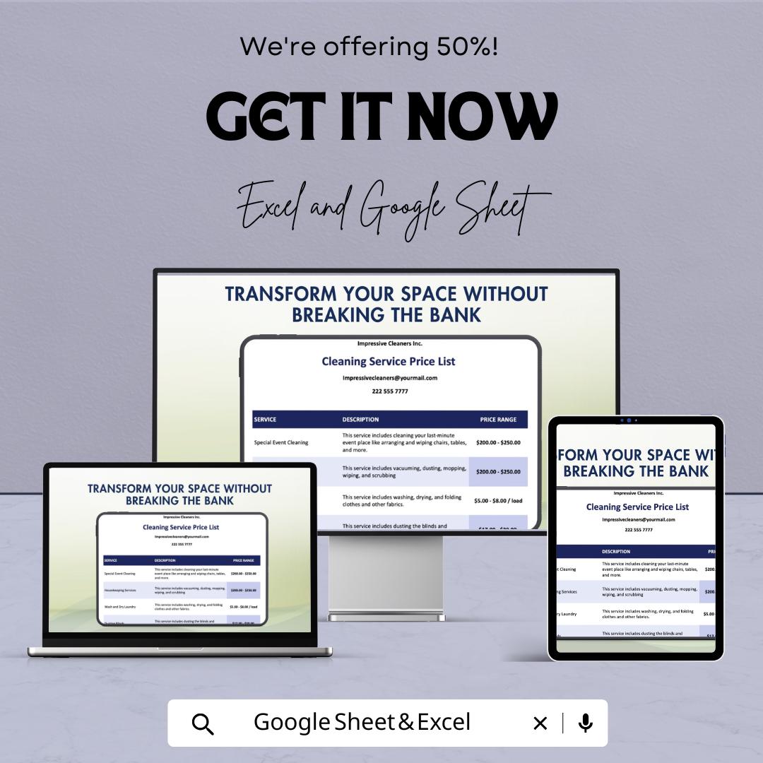 Sample Cleaning Service Price List Sheet - Excel & Google Sheets Template for Service Pricing and Estimates