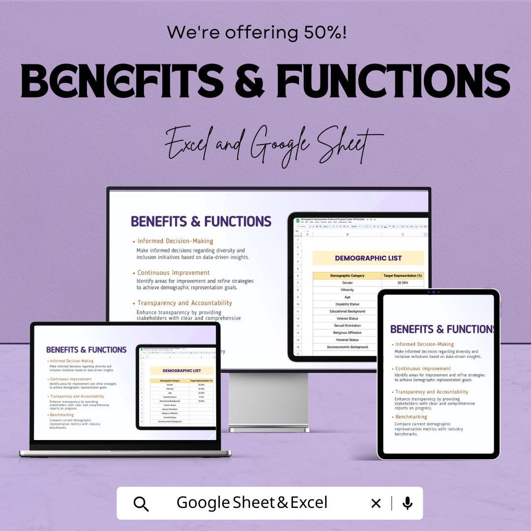 Demographic Representation Goals and Progress Tracker HR Template | Diversity & Inclusion sheet | HR Analytics Dashboard | Workforce Metrics