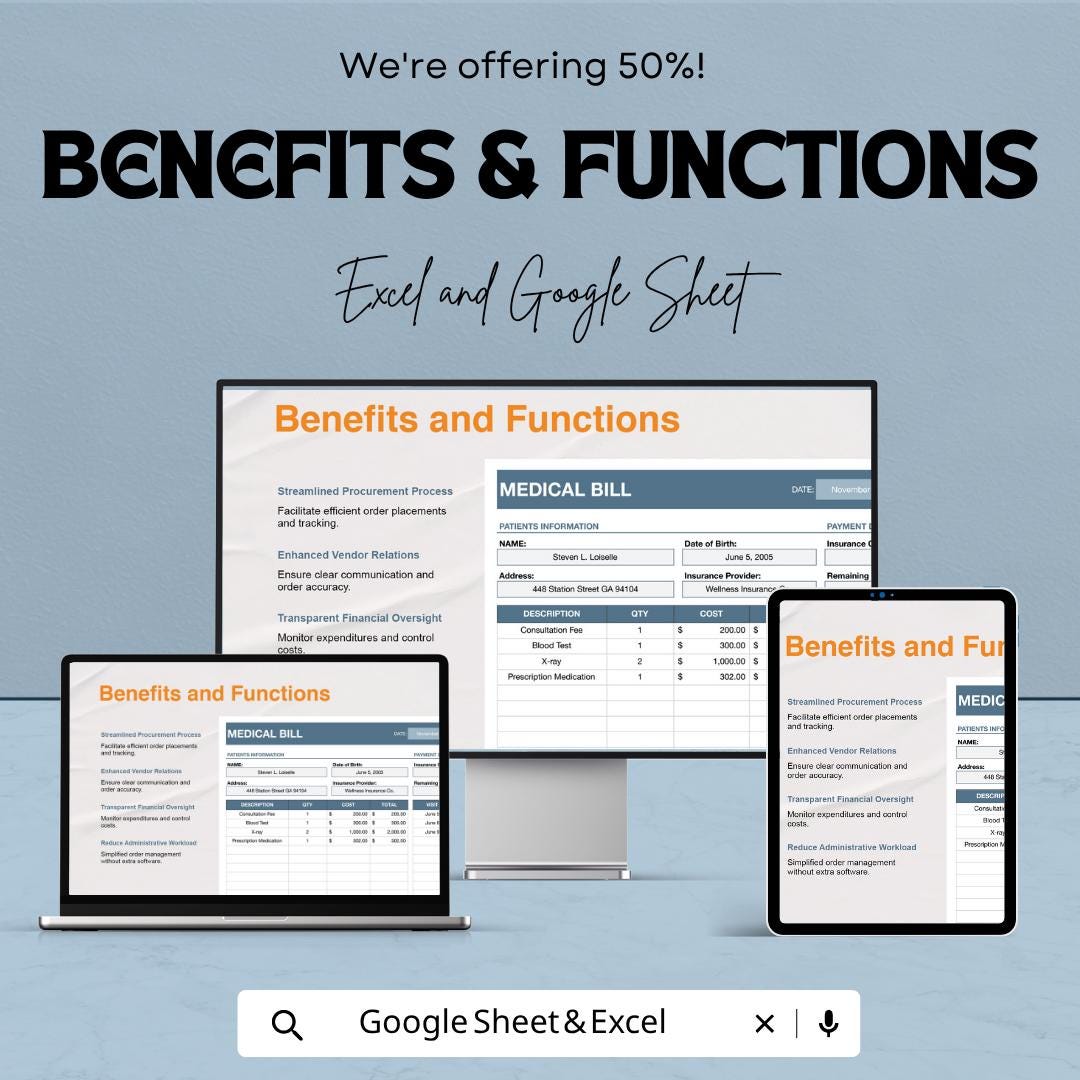 Medical Bill Template Excel Google Sheets | Healthcare Expense Tracker | Patient Billing Spreadsheet | Medical Invoice Template |
