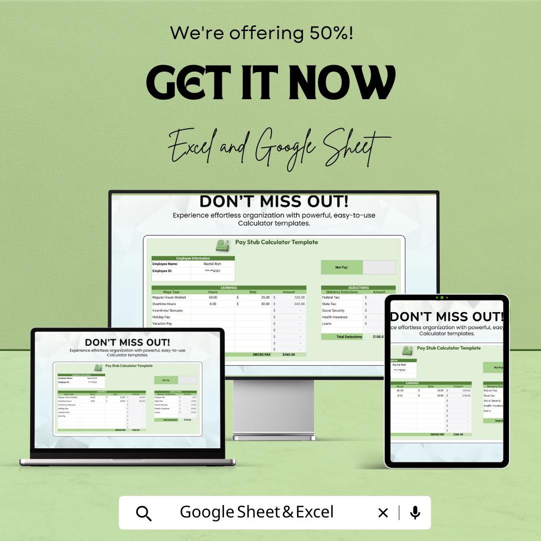 Pay Stub Calculator Template | Payroll Calculator | Paycheck Template | Earnings & Deductions Tracker | Small Business Payroll Tool