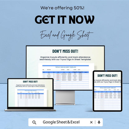 Tryout Sign-In Sheet | Sports Tryout Registration Template | Track Participants & Attendance | Excel and Google Sheets | Instant Download