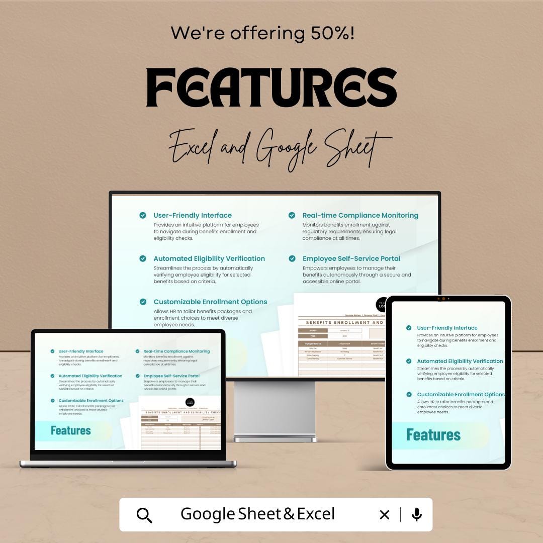 Benefits Enrollment and Eligibility Tracker HR Sheet | Google Sheets and Excel Template | HR Compliance & Employee Benefits Form