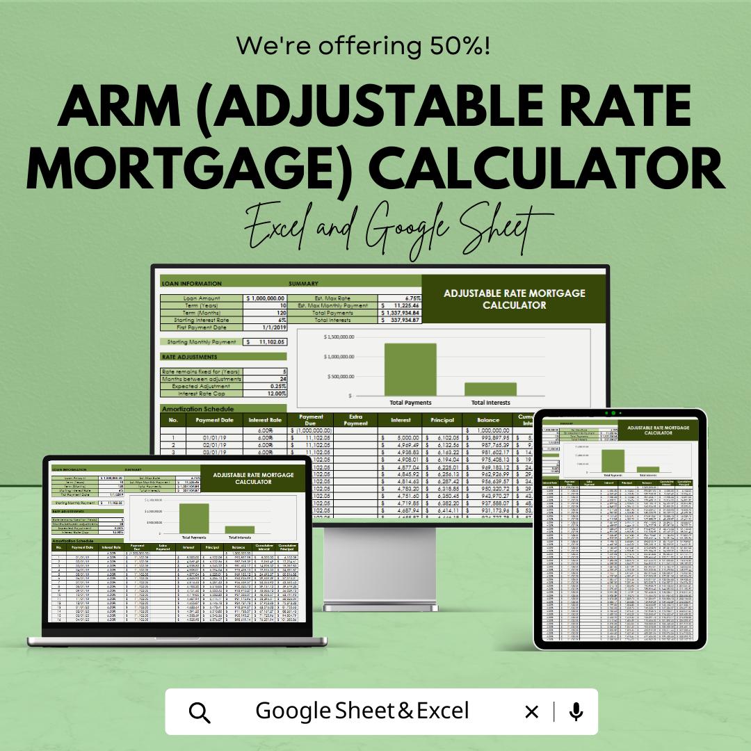 ARM Mortgage Calculator Template, Adjustable Rate Mortgage Spreadsheet, Loan Amortization Calculator, Excel & Google Sheets