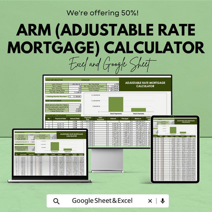 ARM Mortgage Calculator Template, Adjustable Rate Mortgage Spreadsheet, Loan Amortization Calculator, Excel & Google Sheets