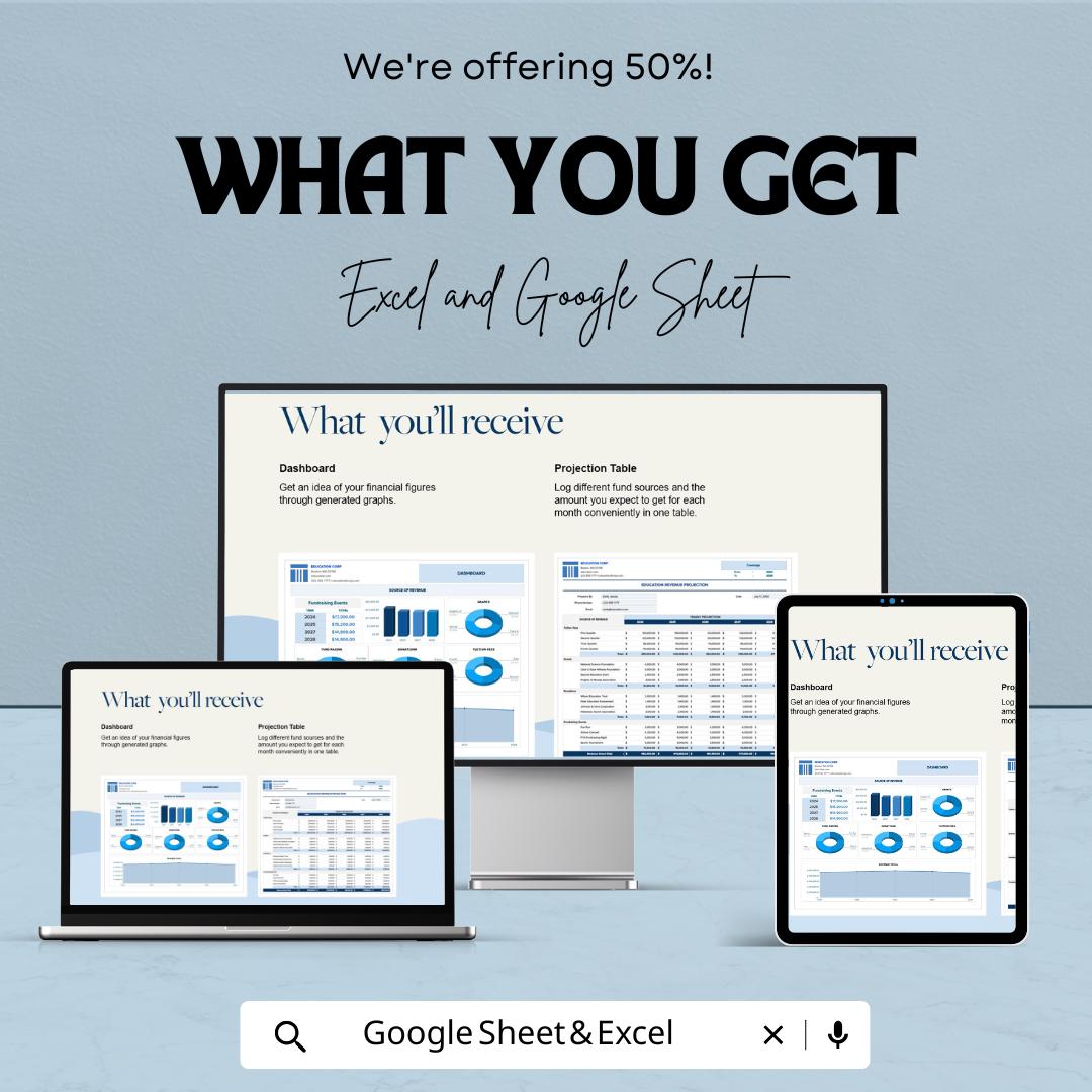 Education Revenue Projection Template | Automated Dashboard | Income Grants Donations Tracker | Financial Projection Template