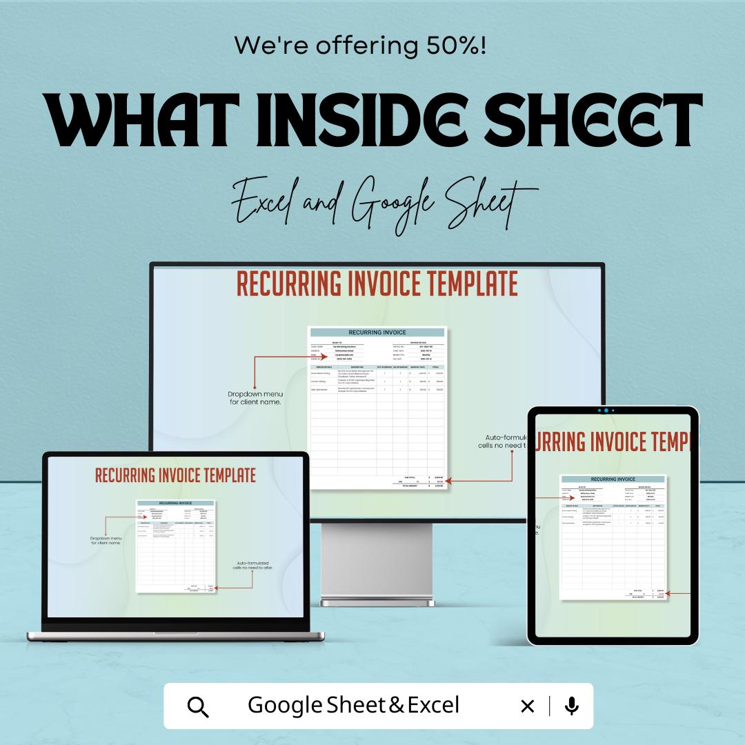Recurring Invoice Template | Subscription Billing Template | Automated Invoice Sheet | Editable Business Billing | Printable Payment Tracker