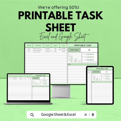 Printable Task Sheet - Task Planner Template, Excel & Google Sheets, Printable Daily Planner, Track Your Tasks and Deadlines