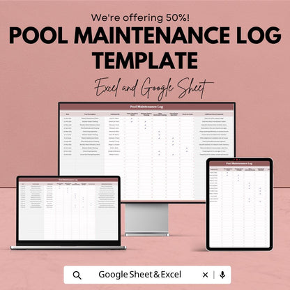 Pool Maintenance Log Template | Pool Cleaning Checklist Spreadsheet | Water Quality Tracker | Excel & Google Sheets | Pool Service Record