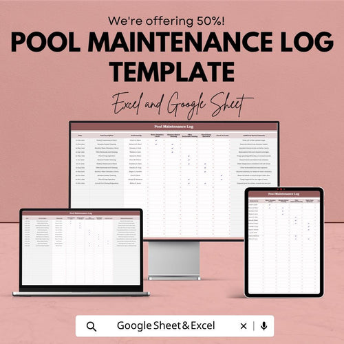 Pool Maintenance Log Template | Pool Cleaning Checklist Spreadsheet | Water Quality Tracker | Excel & Google Sheets | Pool Service Record