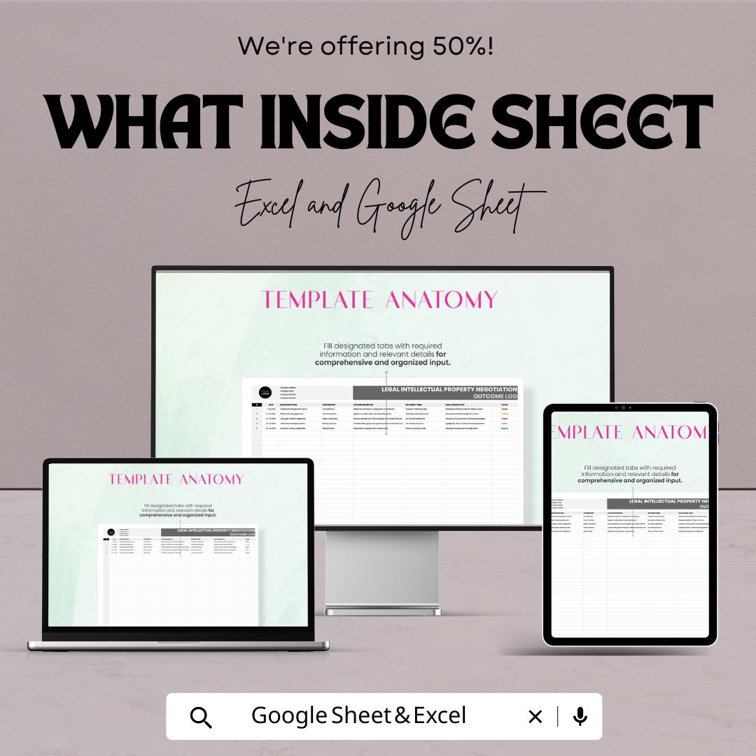 Legal Intellectual Property Negotiation Outcome Log Sheet | Track IP Negotiations and Strategic Insights | Excel & Google Sheet Template