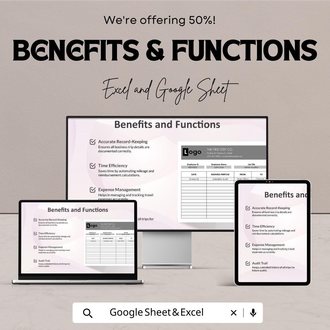 Employee Mileage Tracker Template Excel Google Sheets, Business Mileage Log Spreadsheet, Mileage Reimbursement Tracker, Travel Log Book