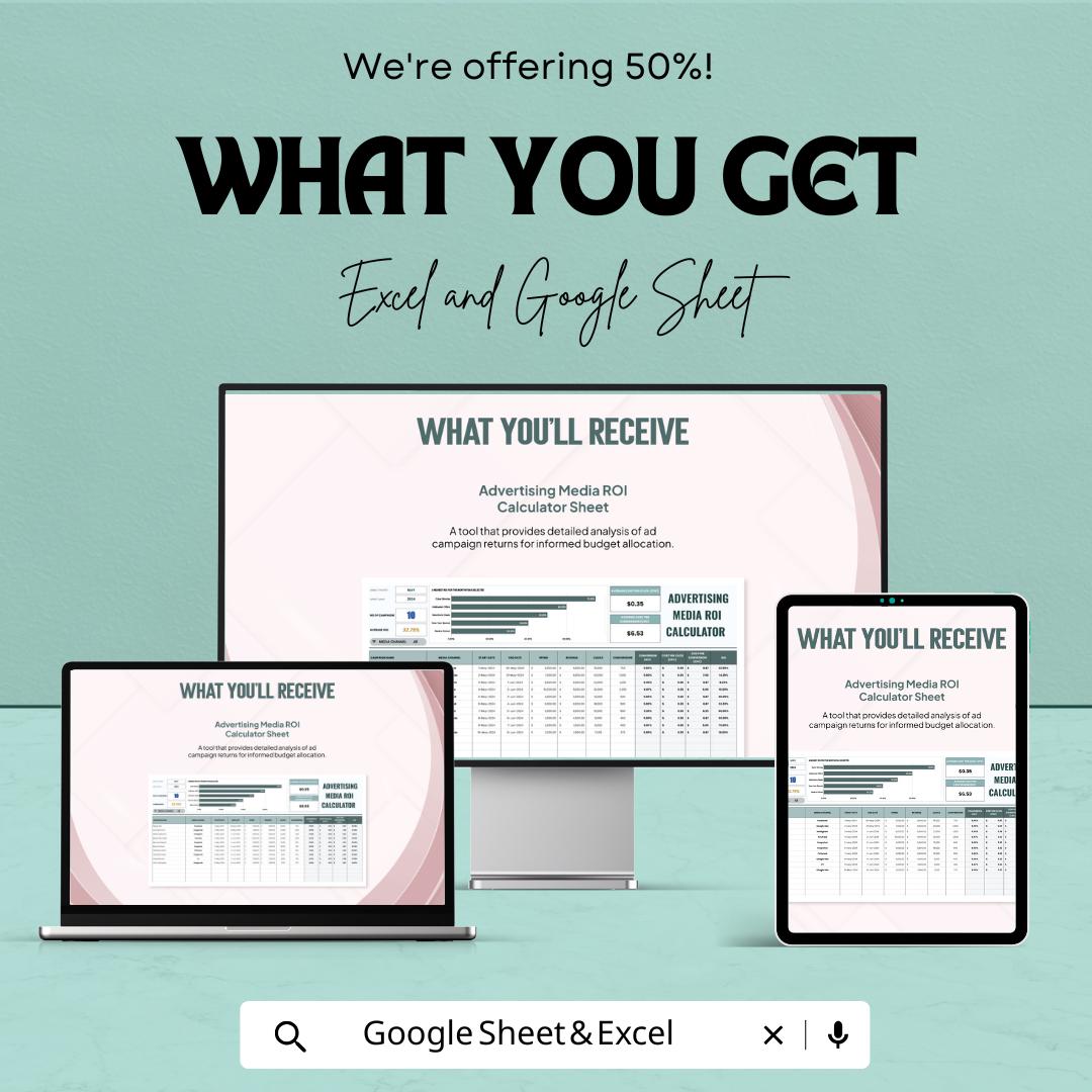 Advertising Media ROI Calculator Template | Excel & Google Sheets | Marketing ROI Calculator | Ad Performance Analysis Worksheet |
