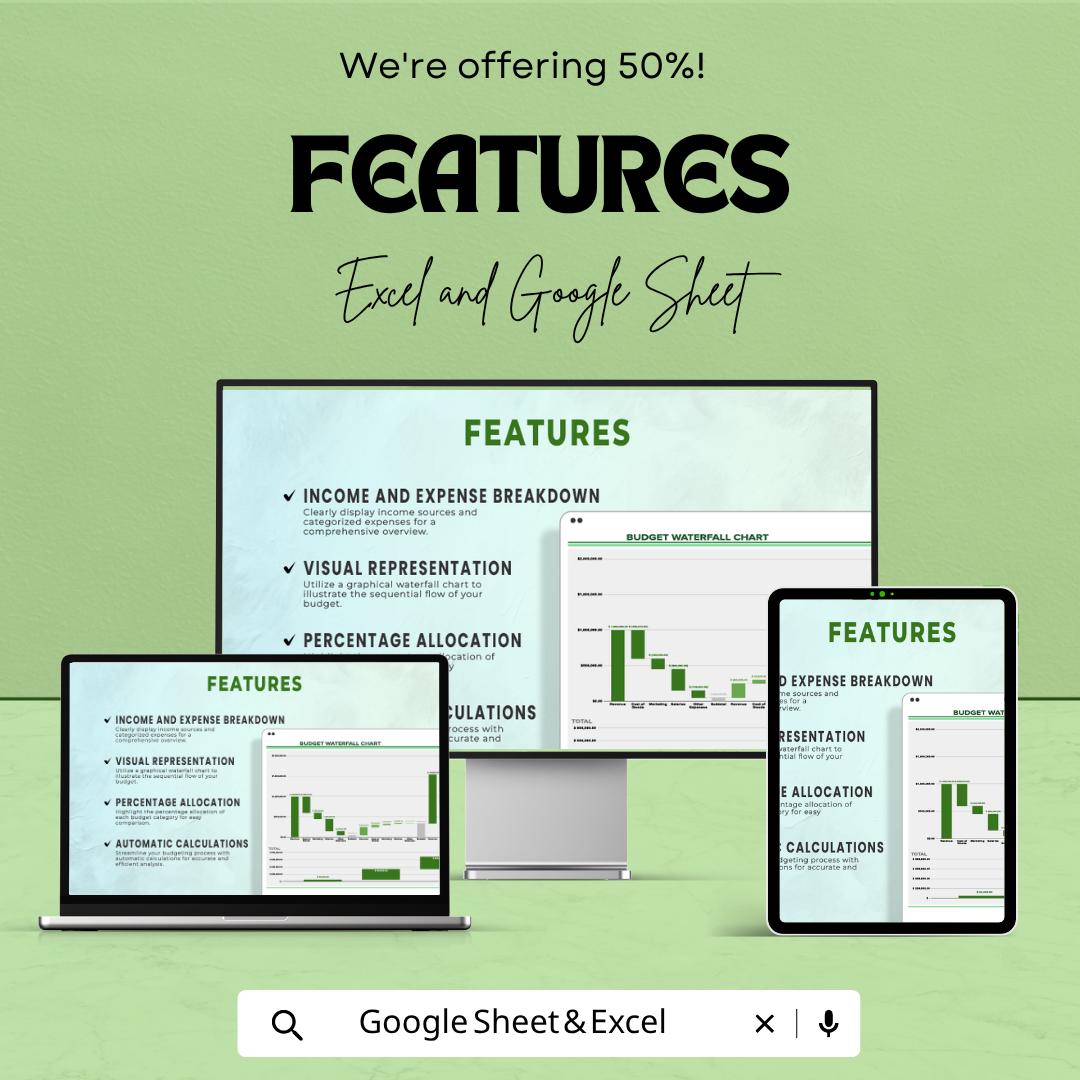 Budget Waterfall Chart Template | Excel & Google Sheets Budget Tracker | Financial Analysis Spreadsheet | Income Expense Breakdown Chart