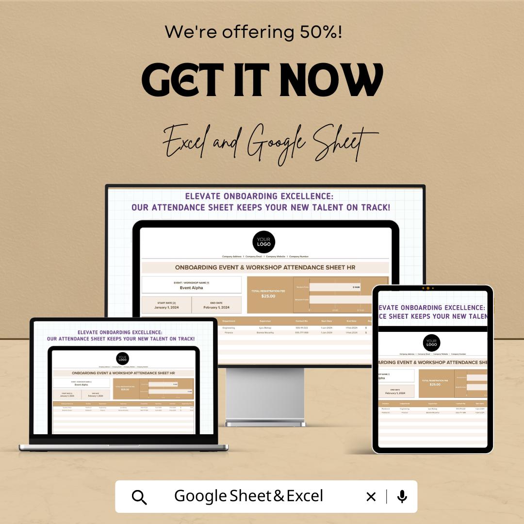 Onboarding Event & Workshop Attendance Sheet HR Template | Employee Training Attendance Tracker | Excel and Google Sheets