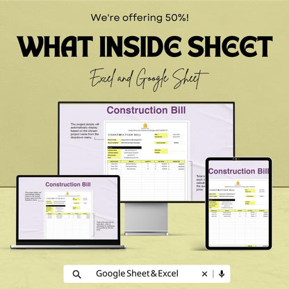 Construction Bill Template | Excel Invoice Spreadsheet | Google Sheets Construction Invoice | Contractor Billing Template | Project Expense
