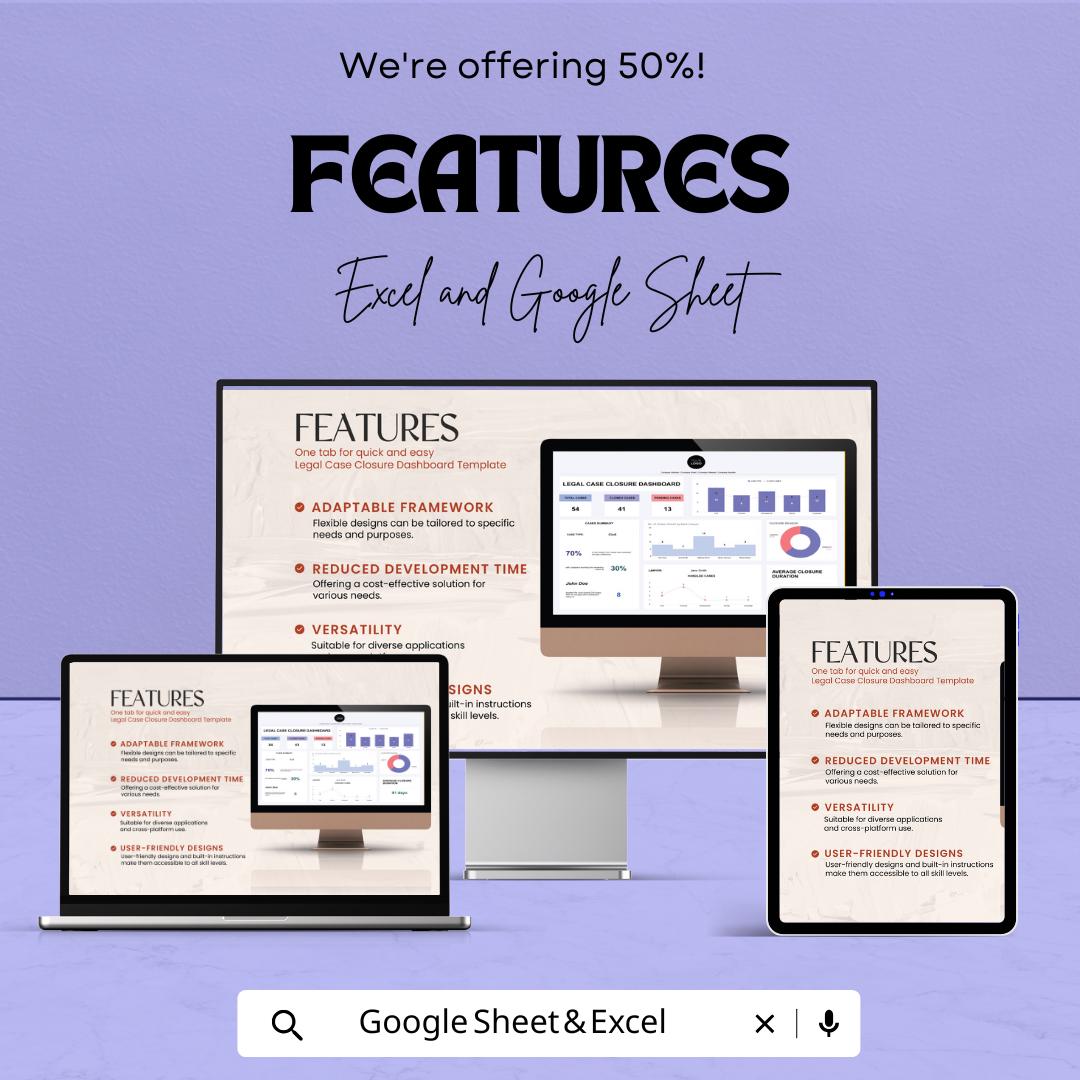 Legal Case Closure Dashboard Sheet | Google Sheets & Excel Template | Legal Case Management Tool | Track and analyze Legal Cases |