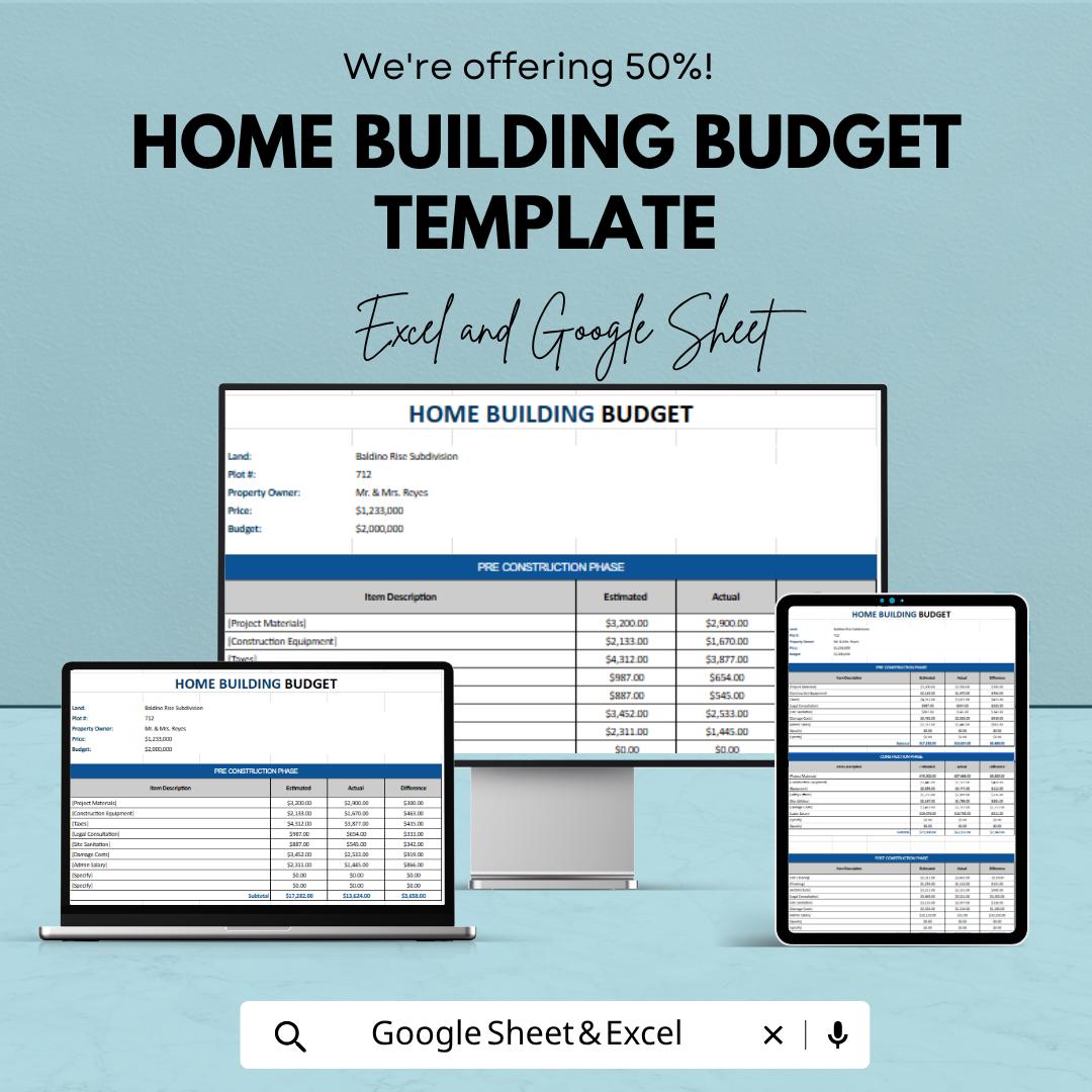 Home Building Budget Template | Construction Budget Planner Excel & Google Sheets | House Build Cost Tracker | Building Expense Spreadsheet