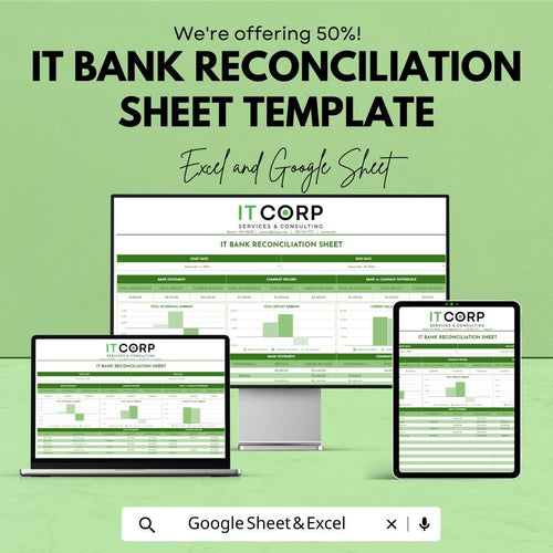 IT Bank Reconciliation Sheet Template | Bank Reconciliation Excel | Google Sheets Accounting Tracker | Monthly Financial Reconciliation