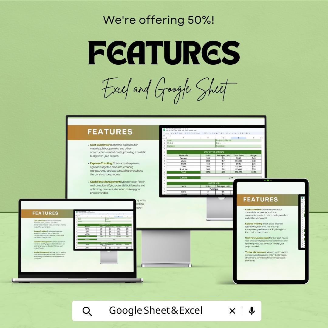 New Home Construction Budget Sheet | Google Sheets Template | Track Material, Labor & Interior Costs | Budget Planning for Your Dream Home