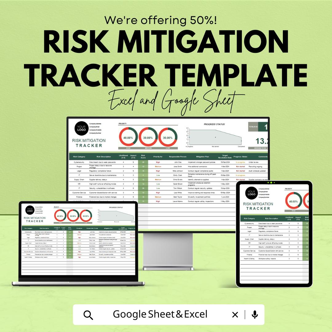 Risk Mitigation Tracker Template | Risk Assessment and Management Tool | Project Risk Register Spreadsheet | Excel & Google Sheets