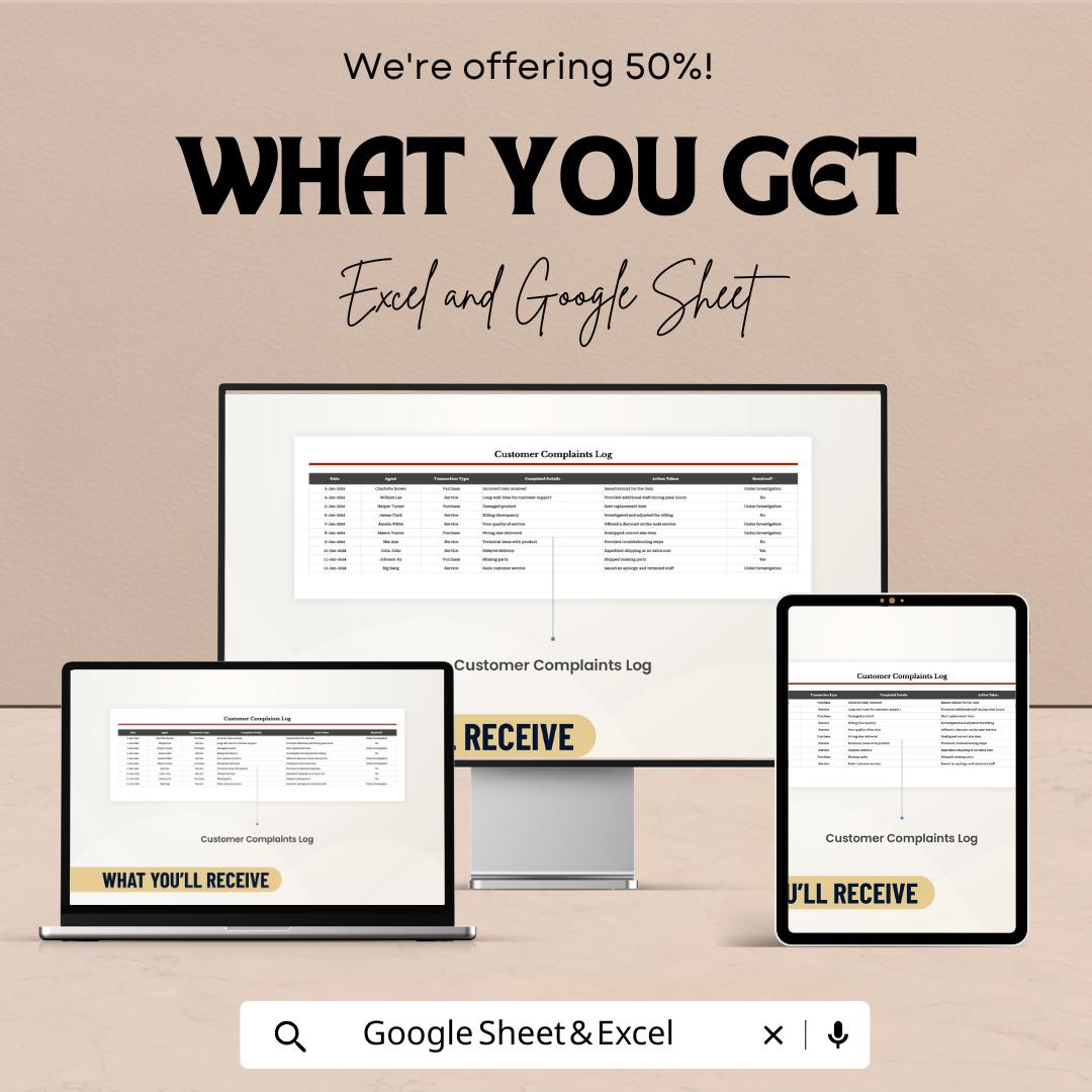 50% Off | Customer Complaints Log Sheet Template for Excel & Google Sheets | Track Complaints and Enhance Customer Satisfaction