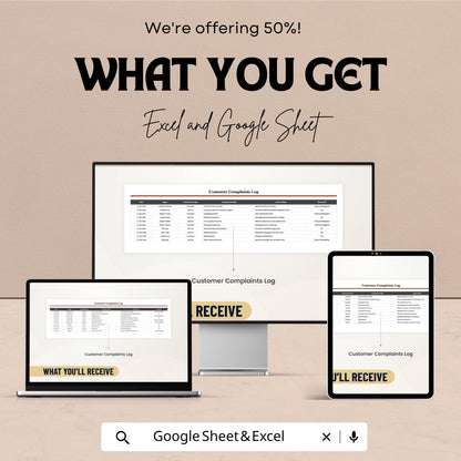 50% Off | Customer Complaints Log Sheet Template for Excel & Google Sheets | Track Complaints and Enhance Customer Satisfaction