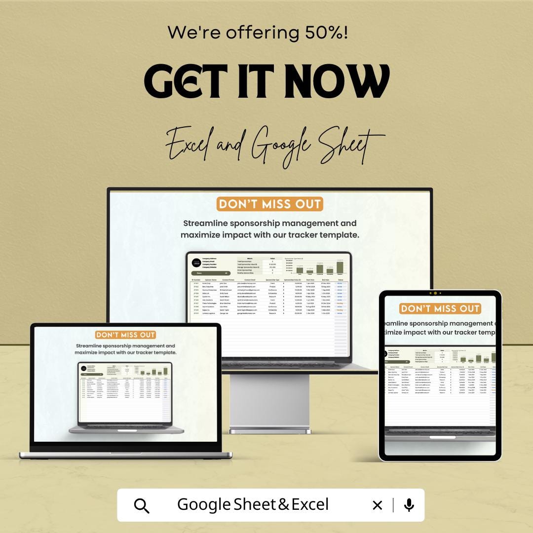 Corporate Sponsorship Tracker Template | Administration Sponsorship Management Spreadsheet | Excel & Google Sheets