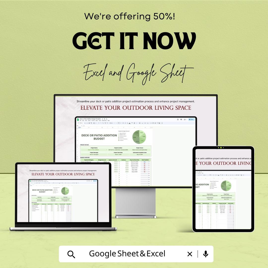 Deck or Patio Addition Budget Sheet - Excel & Google Sheets Template for Project Cost Planning