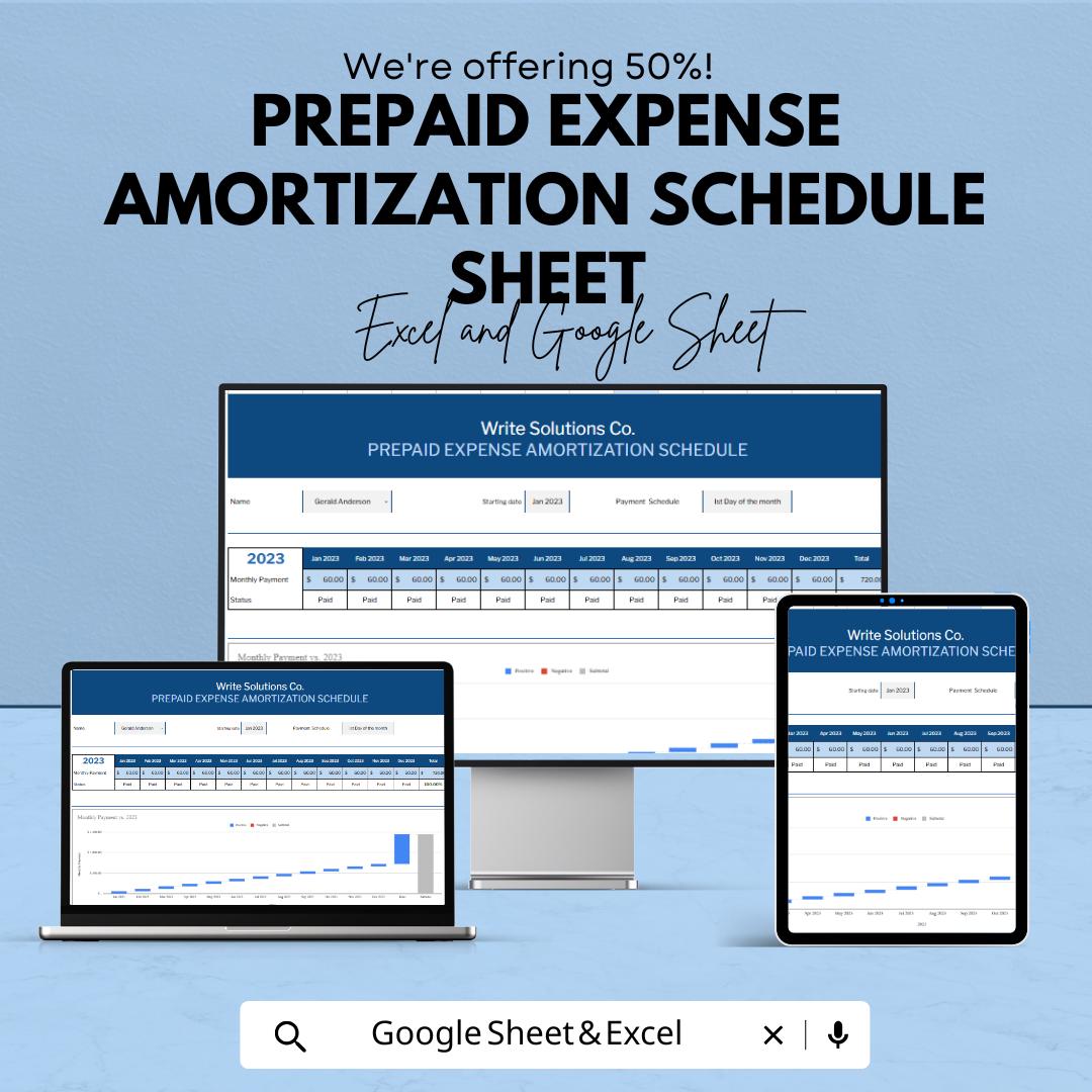 Prepaid Expense Amortization Schedule Sheet - Excel & Google Sheets Template for Organized Financial Tracking