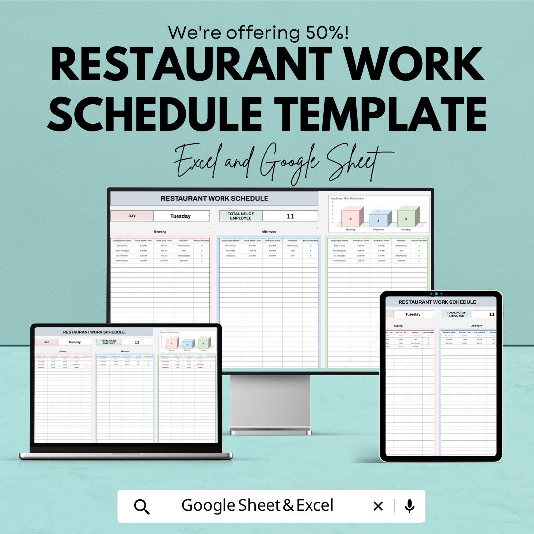 Restaurant Work Schedule Template | Staff Roster Spreadsheet | Restaurant Staff Schedule | Weekly Shift Schedule Template