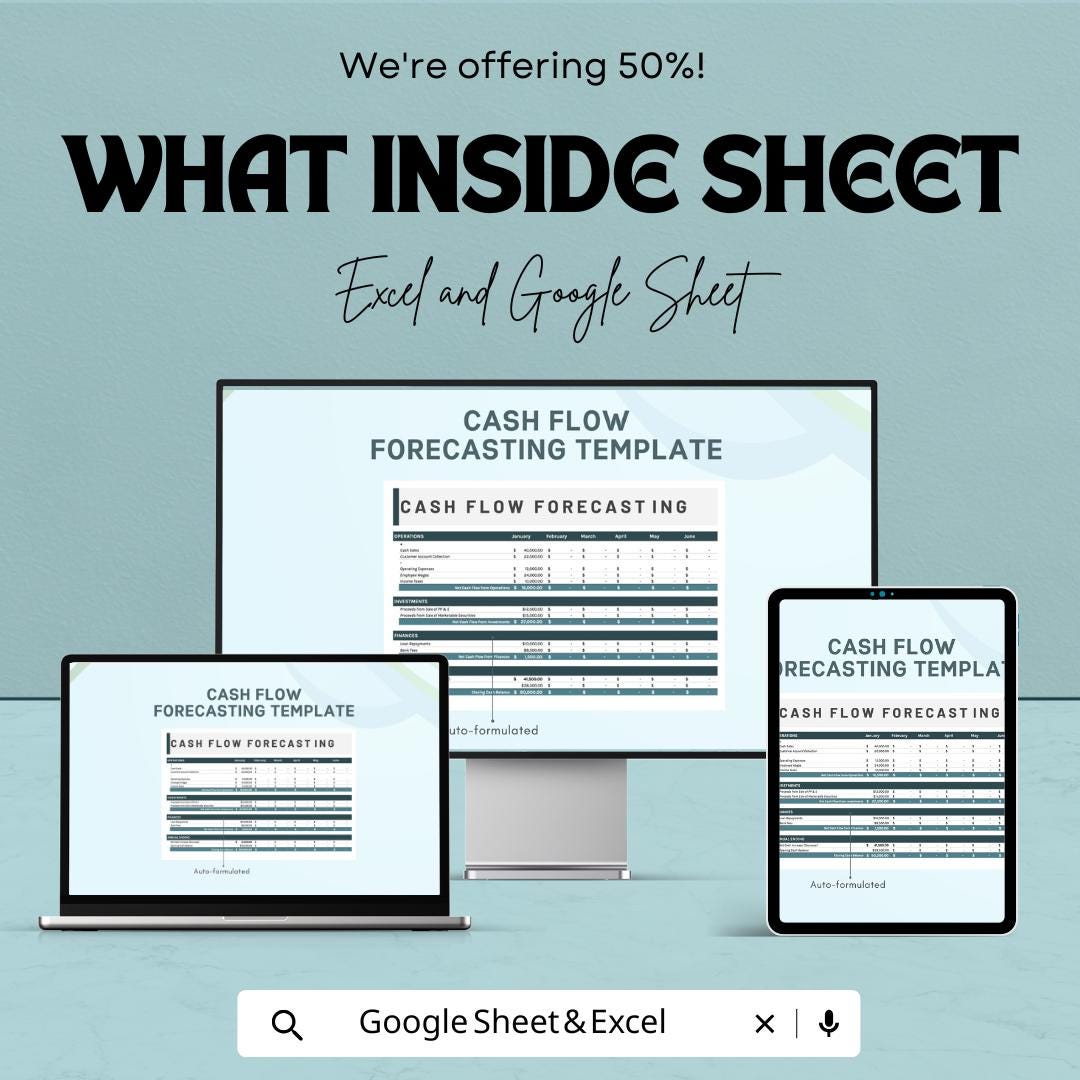 Cash Flow Forecasting Template | Cash Flow Planner | Financial Projection sheet | Business Budget Template | Cash Inflow Outflow Tracker