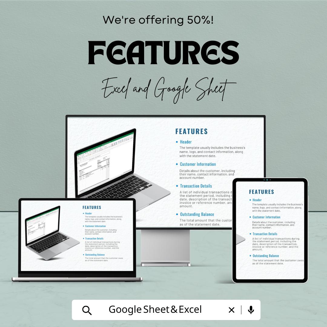Customer Statement Sheet | Google Sheets  | Financial Statement | Billing Statement | Payment Tracking | Customizable Invoice Template