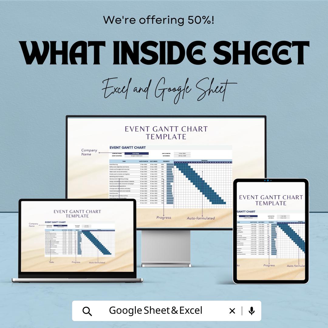 Event Gantt Chart Template Excel, Event Planning Timeline, Project Schedule Spreadsheet, Task Tracker, Google Sheets Event Planner